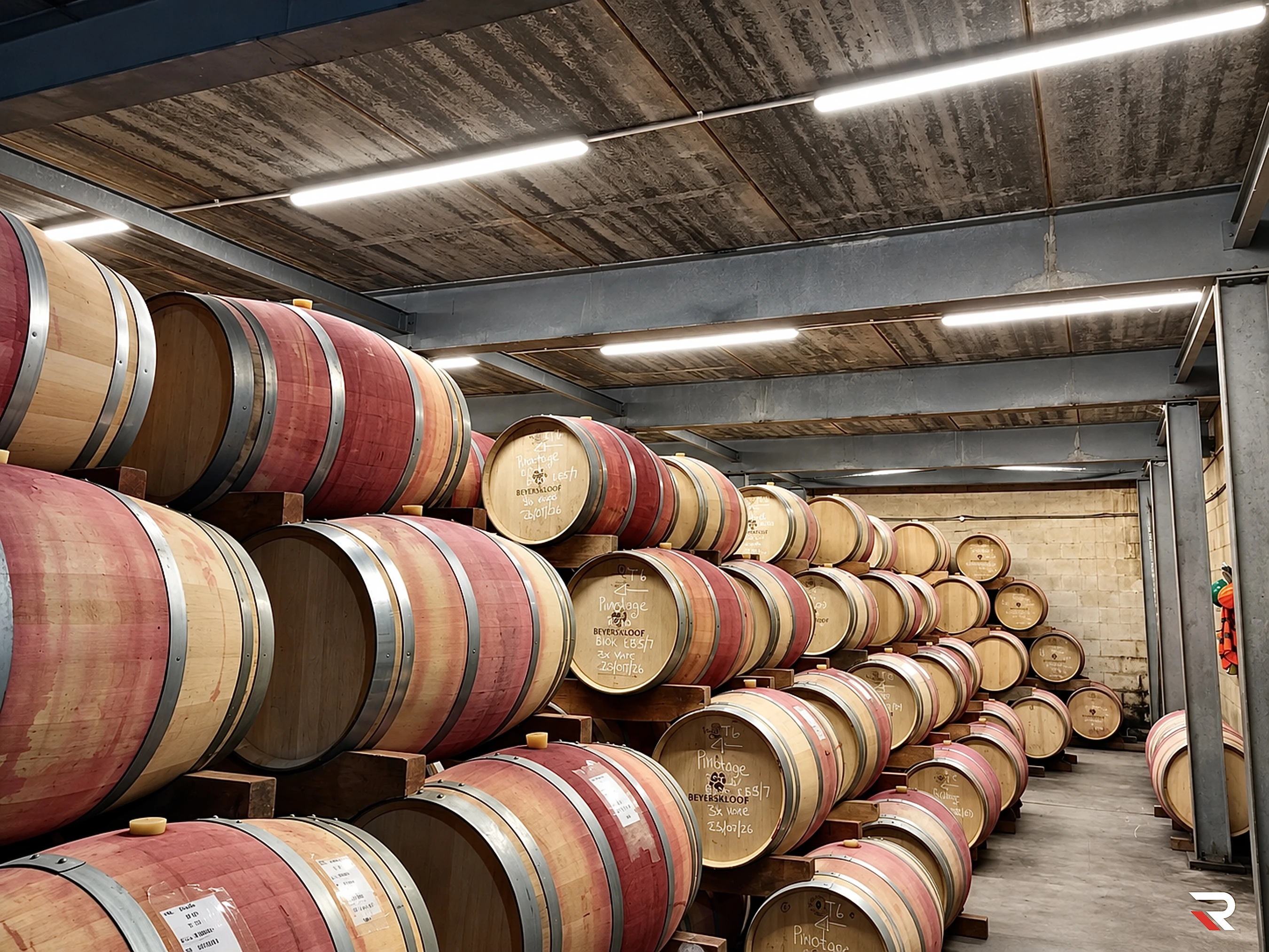 Wine cellar barrel storage with completed linear lighting installation