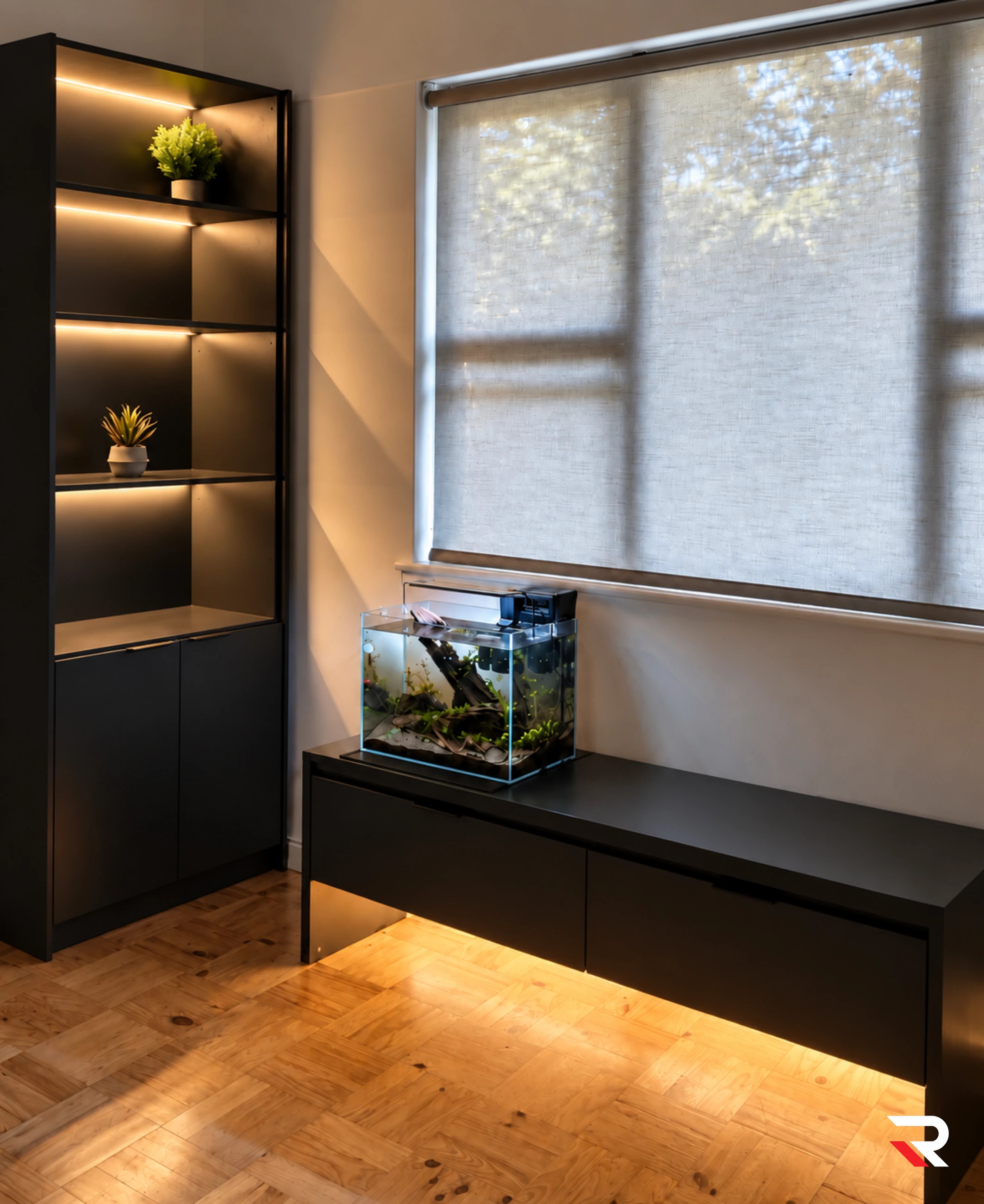Completed interior shelving and aquarium feature lighting installation