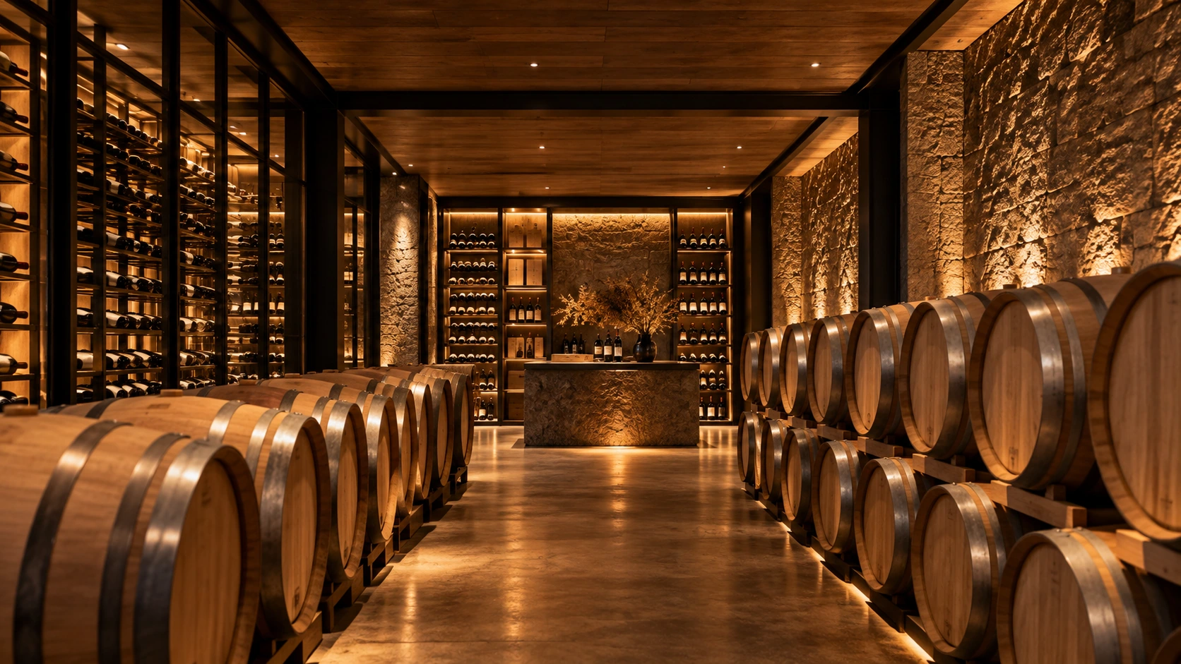 Illustrative wine cellar showing warm architectural lighting and oak barrels